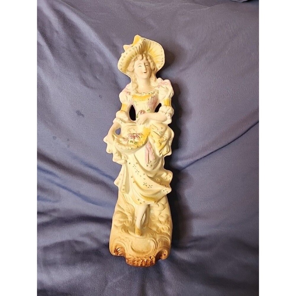 Large Bisque Figurine - Woman w/ Bonnet Hat Carrying Basket and Bird - Japan